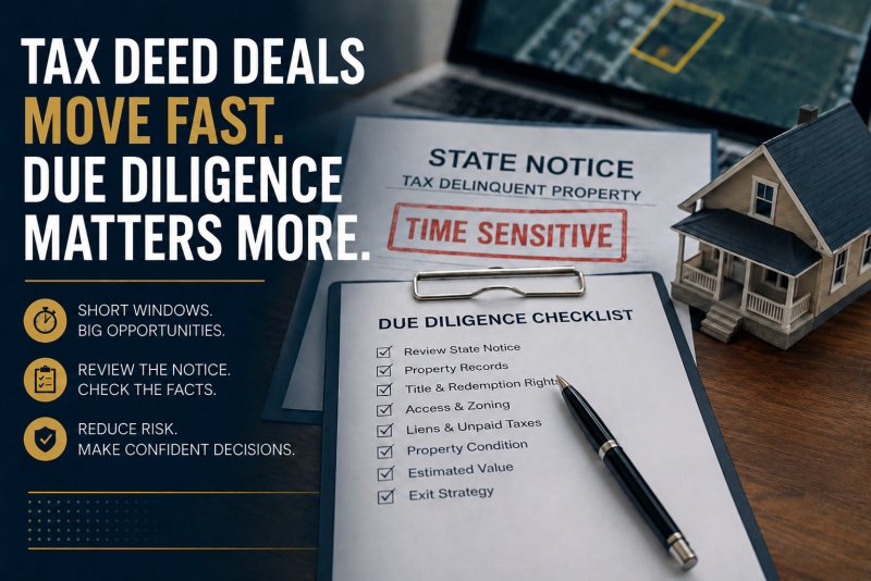 Tax deed due diligence checklist with state notice documents, property model and investor review notes for a time-sensitive real estate opportunity.