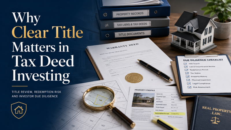 Investor reviewing tax deed title documents, redemption notes and property records before making a real estate investment decision.