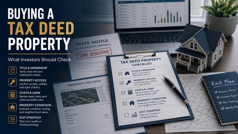 Investor checklist for buying a tax deed property, including state notice review, title checks, access, costs and exit planning.